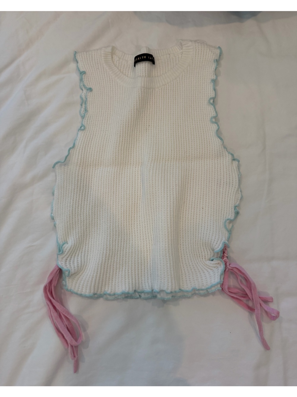 White Knit Tank with Light Blue Scallop and Pink Tie Details